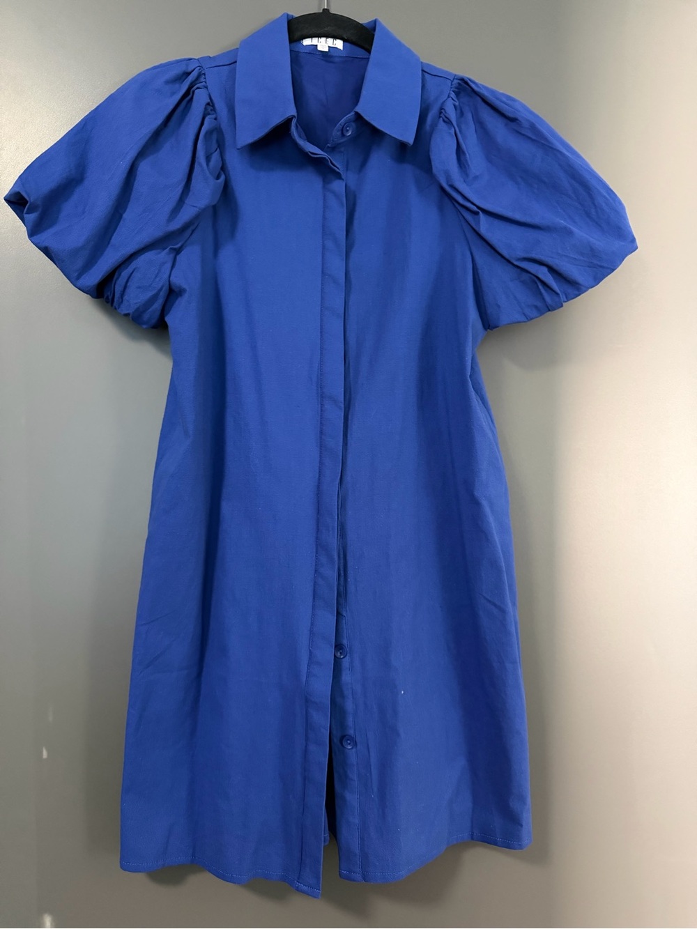 TCEC Cobalt Blue Button-Front Puff Sleeve Shirt Dress